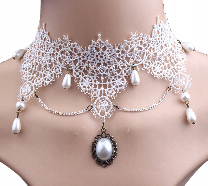 KOLIA KORONKA BIAŁA KAMEA NASZYJNIK CHOKER C609