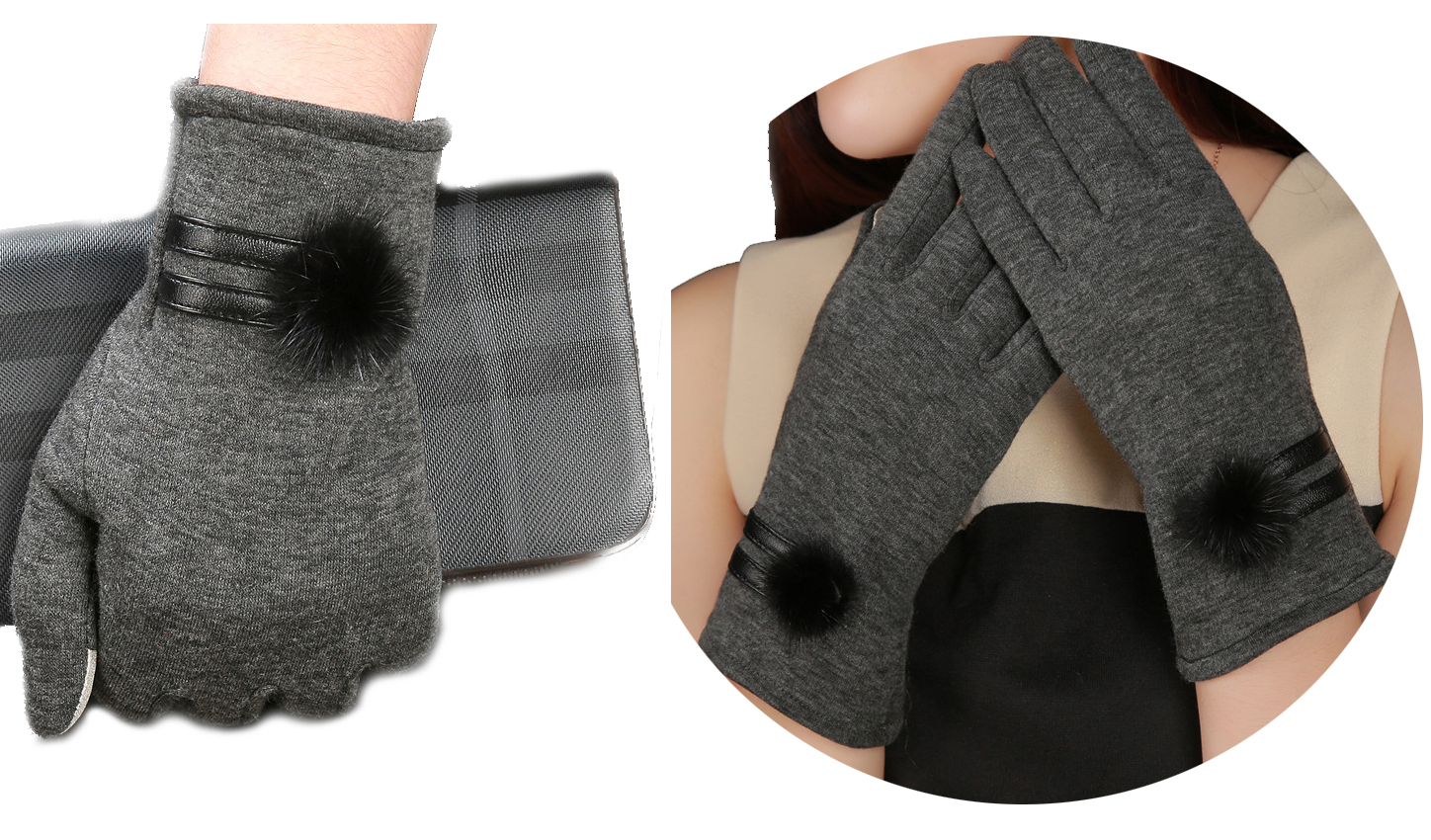 RĘKAWICZKI DAMSKIE DOTYKOWE OCIEPLANE POMPON ZIMA - obrazek 2