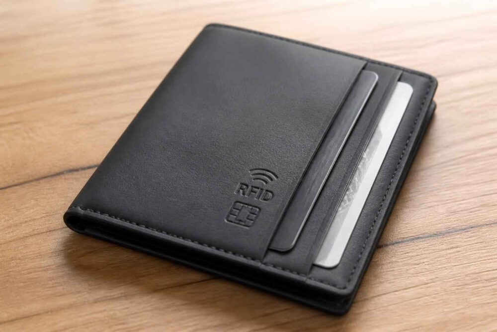 Czarny portfel z symbolem RFID i wysuniętymi kartami na drewnianym blacie