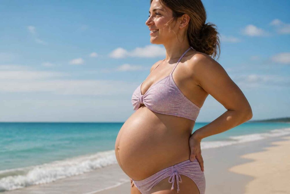 Ciężarna kobieta spacerująca brzegiem morza Ciężarna kobieta w fioletowym bikini stoi na plaży nad brzegiem morza