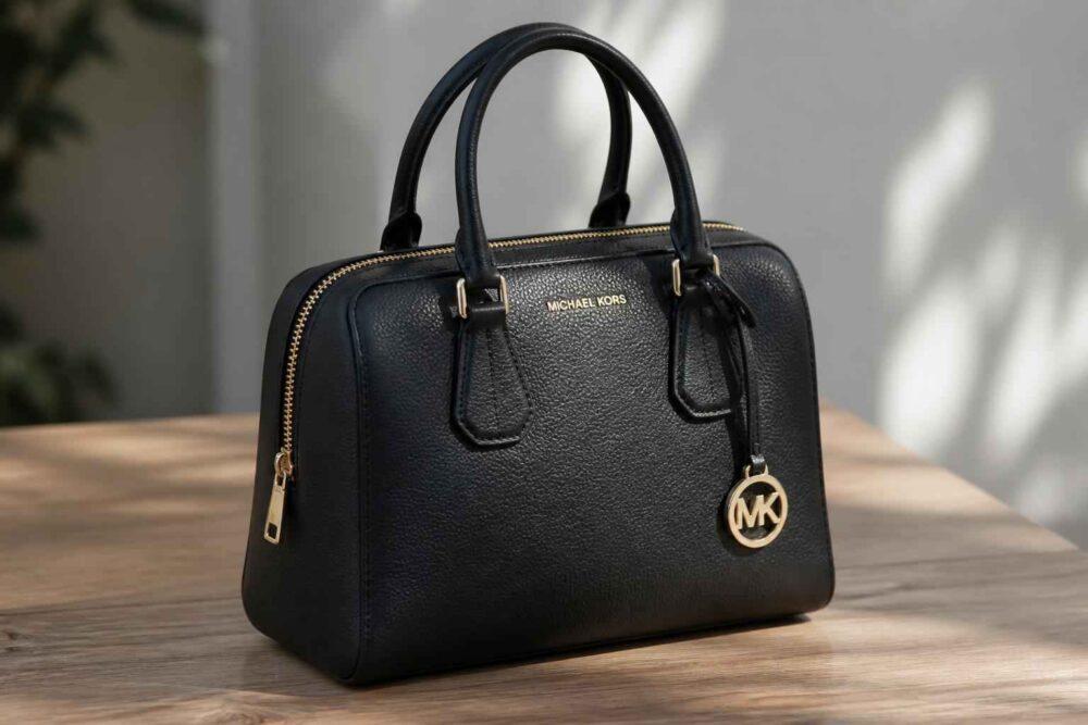 Czarna torebka Michael Kors z podwójnymi uchwytami i złotymi detalami na drewnianym stole