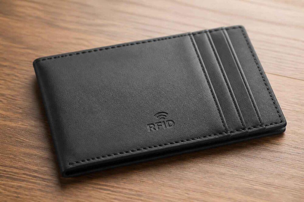 Czarny skórzany portfel RFID leżący na drewnianym blacie