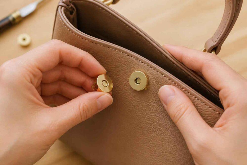 Dłonie zapinają brązową skórzaną torebkę na złoty zatrzask